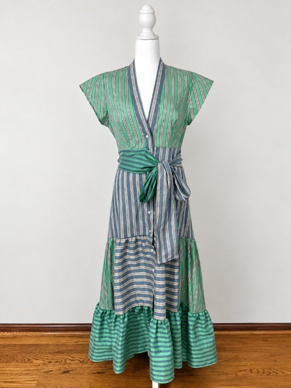 Sandro Green + Blue Striped Belted Tiered Maxi Dress | Size 36 (4 US)